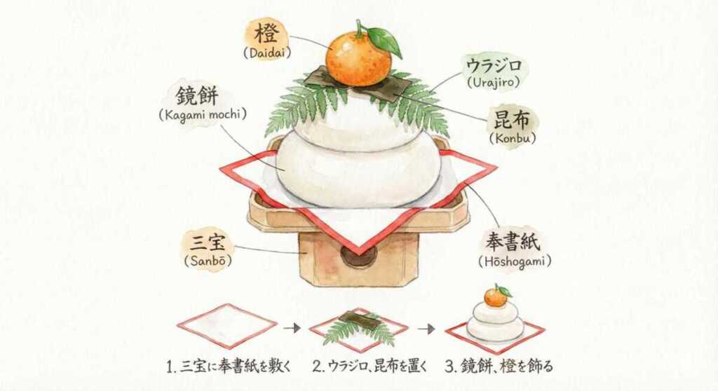 鏡餅の飾り方の例のイラスト